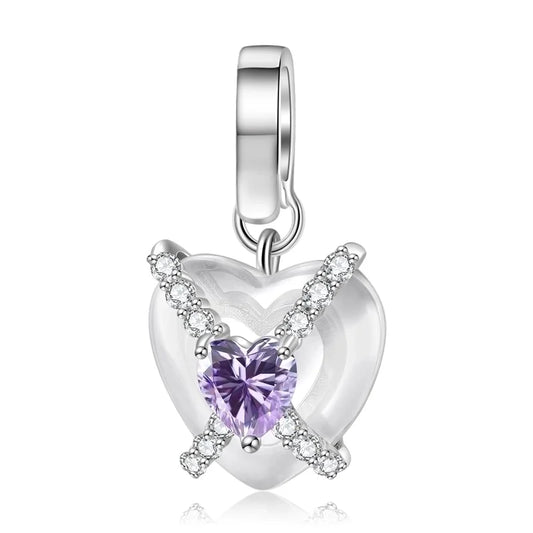Charm διάφανη καρδιά με λιλά πέτρα από ασήμι 925