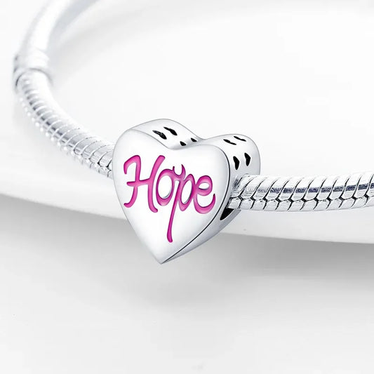 Ασημί charm καρδιά με ροζ επιγραφή Hope