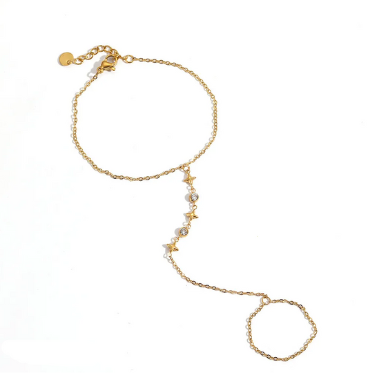Βραχιόλι hand chain με δαχτυλίδι, αστεράκια και ζιργκόν