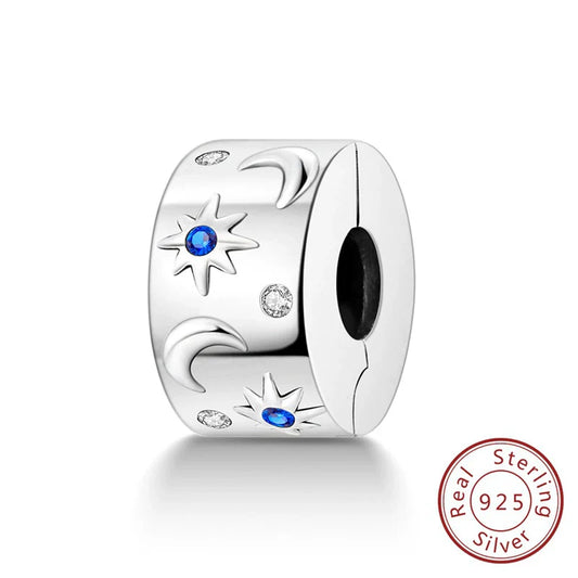Ασημί Stopper με Αστέρια, Φεγγάρια & Μπλε Λάμψη – Ουράνια Ισορροπία με Πολυτέλεια | Sterling Silver 925