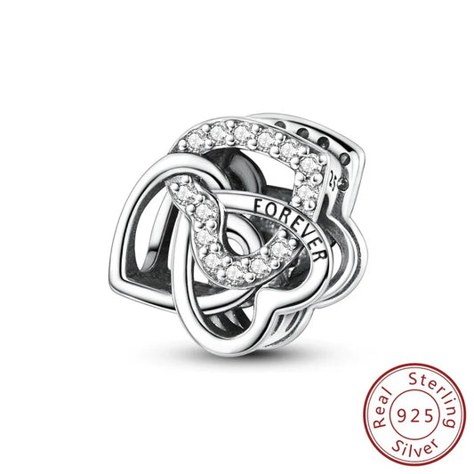Ασημί Charm, Διπλή Καρδιά με Λάμψη & Χάραξη "Forever" – Αιώνια Αγάπη & Σύνδεση, Sterling Silver 925