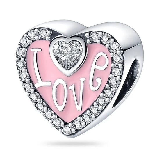 Charm καρδιά με ροζ σμάλτο και love