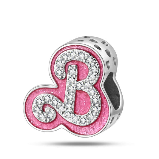 Charm Γράμμα B με Ροζ Σμάλτο & Ζιρκόνια – Glamour σε Στυλ Barbie -925 Silver Plated