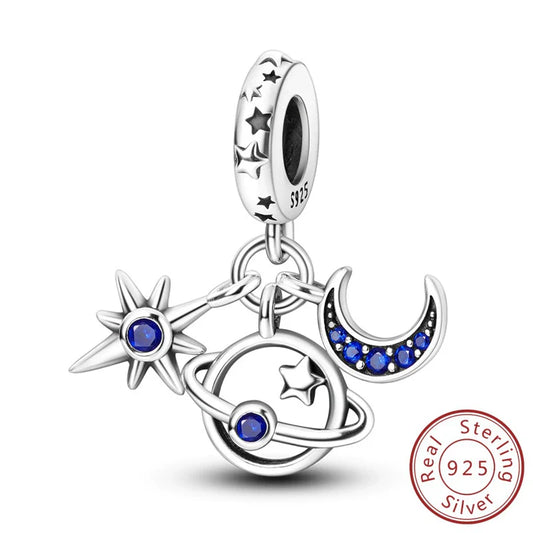 Charm Ηλιακό Σύστημα με Αστέρια, Πλανήτη & Φεγγάρι – Ουράνια Μαγεία με Μπλε Λάμψη | Sterling Silver 925