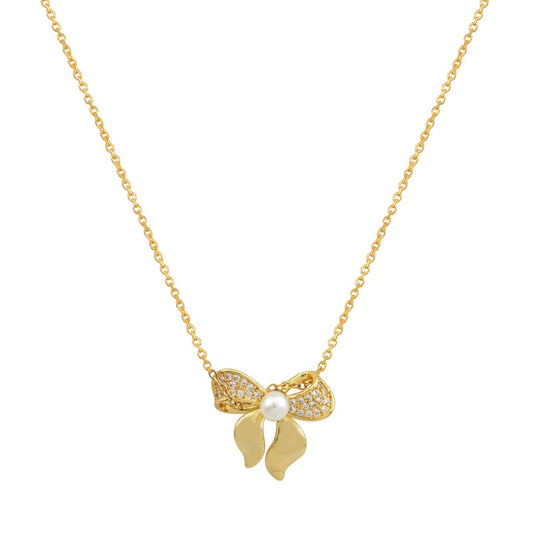 Χρυσό κολιέ με μενταγιόν φιόγκο διακοσμημένο με πέρλα στο κέντρο και ζιργκόν.