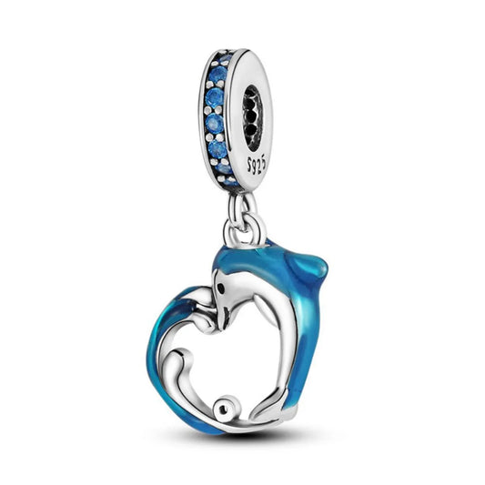 Ασημί, Κρεμαστό Charm, Δελφίνι σε Σχήμα Καρδιάς –Silver Plated