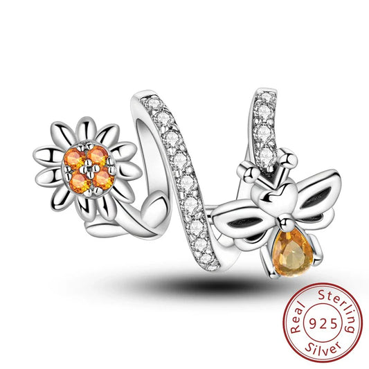 Ασημί Charm Wrap, Μαργαρίτα & Μέλισσα – Χαρά και Λάμψη της Άνοιξης, Sterling Silver 925