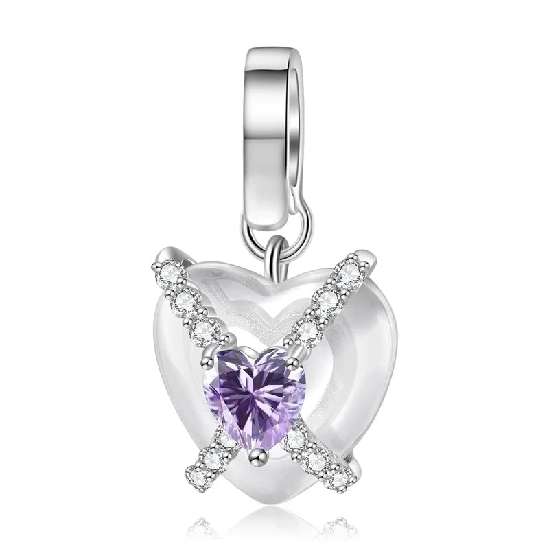 Charm διάφανη καρδιά με λιλά πέτρα από ασήμι 925