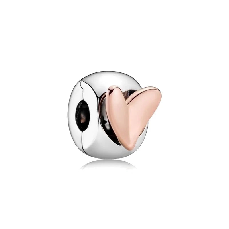 Ασημί διαχωριστικό charm με ροζ χρυσή καρδιά - 925 Silver Plated
