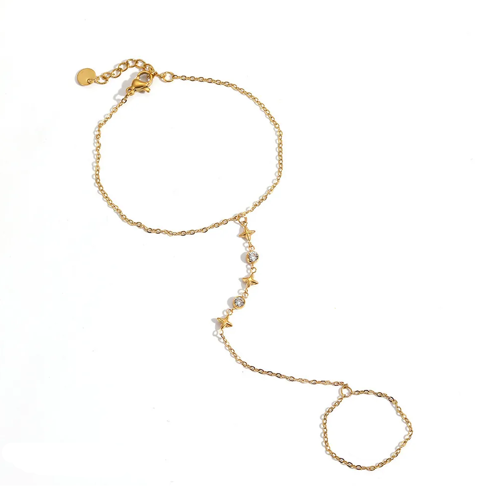 Βραχιόλι hand chain με δαχτυλίδι, αστεράκια και ζιργκόν