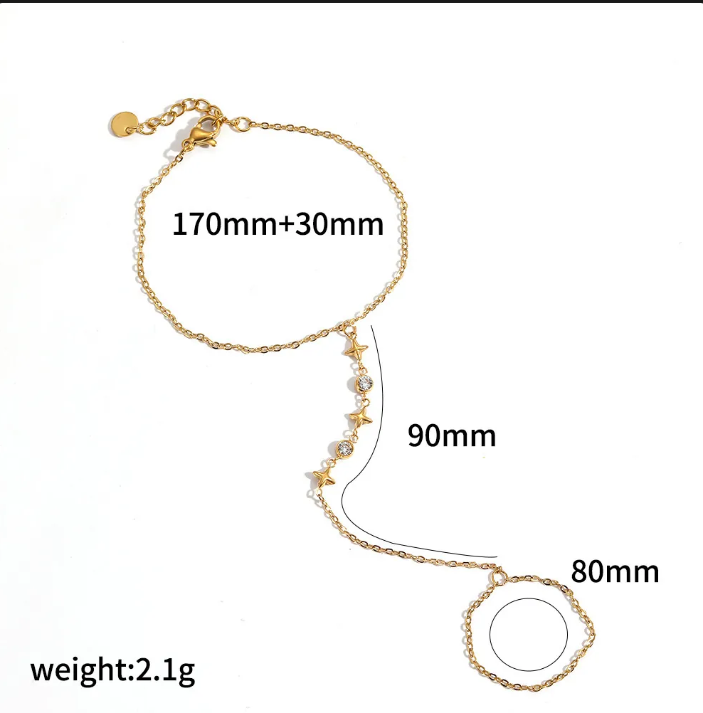 Βραχιόλι hand chain με δαχτυλίδι, αστεράκια και ζιργκόν