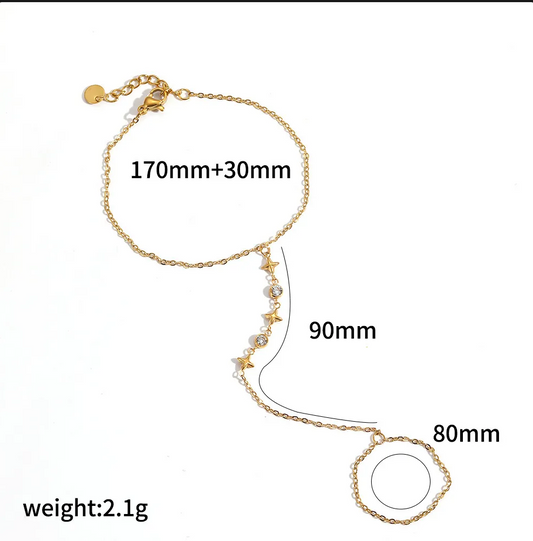 Βραχιόλι hand chain με δαχτυλίδι, αστεράκια και ζιργκόν
