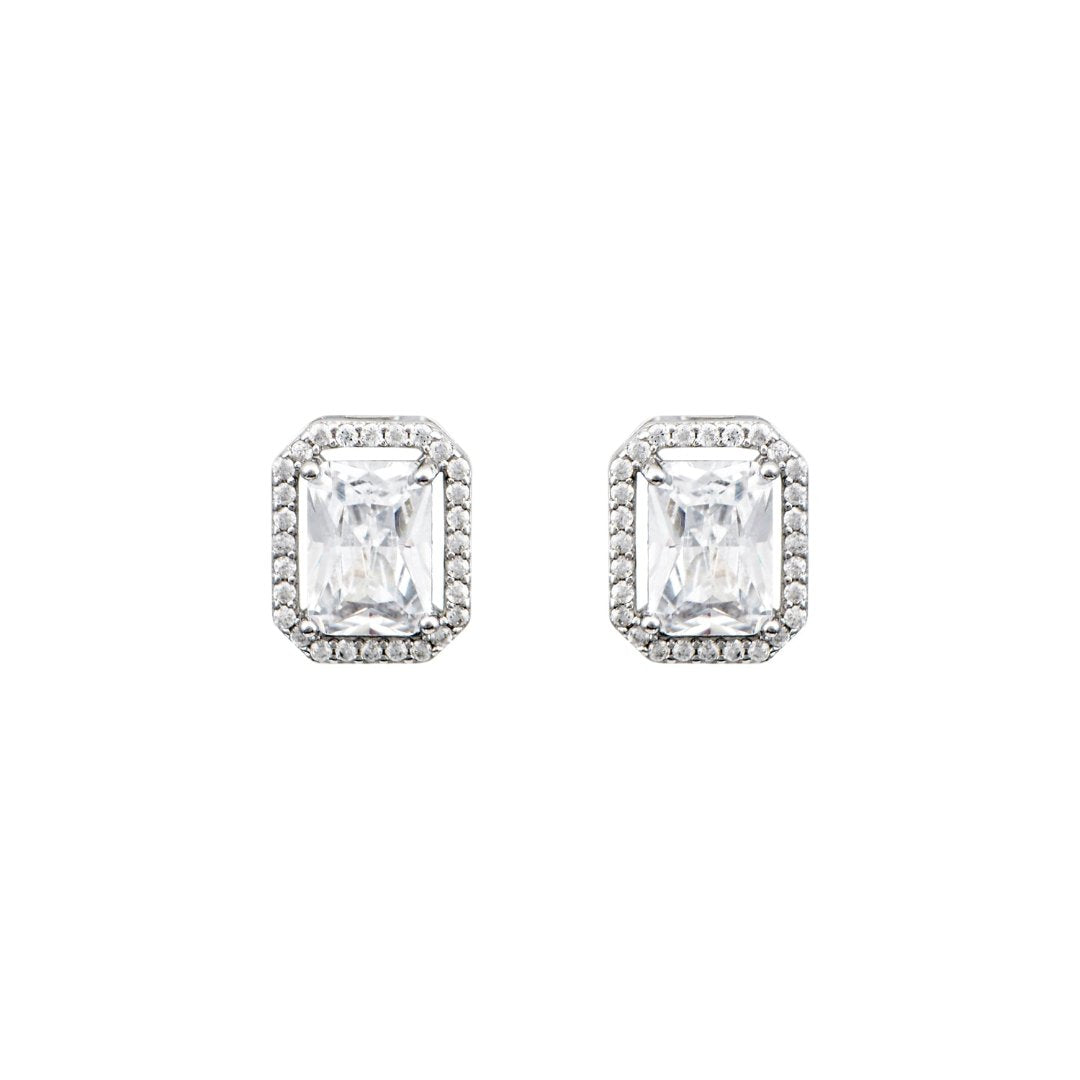 Ασημένια σκουλαρίκια emerald cut με ζιργκόν και λαμπερό πλαίσιο.

