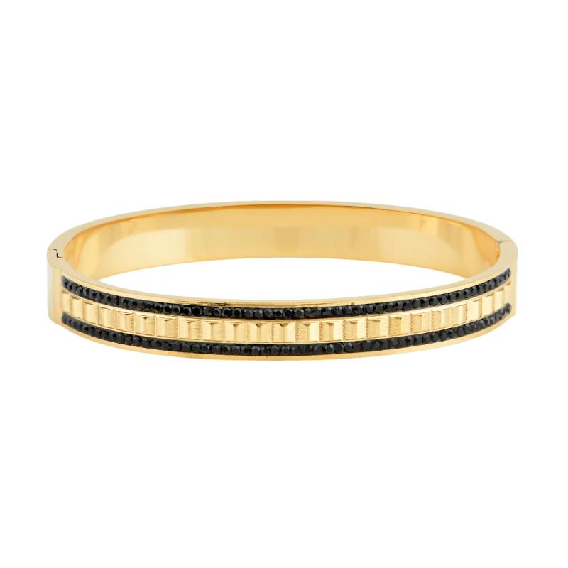 Χρυσό bangle βραχιόλι με μαύρες πέτρες και γεωμετρικό σχέδιο.


